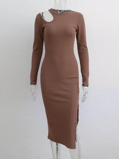 MiuKoMiYa Hollow Out hosszú ujjú ruhák női szexi fekete nyakú 2024 vékony MIdi cérnával oldalt hasított ruhák női hosszú ujjú