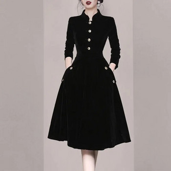 Φθινόπωρο και Χειμώνας Νέο Γυναικείο Ευρωπαϊκό και Αμερικάνικο φόρεμα Hepburn σε μαύρο λεπτό vintage γιακά με βελούδινο φόρεμα