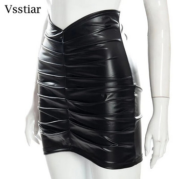 Vsstiar Черна кожена полиуретанова пола за жени Нова мода Ежедневни мини поли с рюшове Елегантни улични дамски долнища