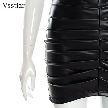 Vsstiar Μαύρη δερμάτινη PU φούστα για γυναίκες Νέα μόδα Ruched Bodycon Casual μίνι φούστες Κομψά streetwear γυναικεία πάτο