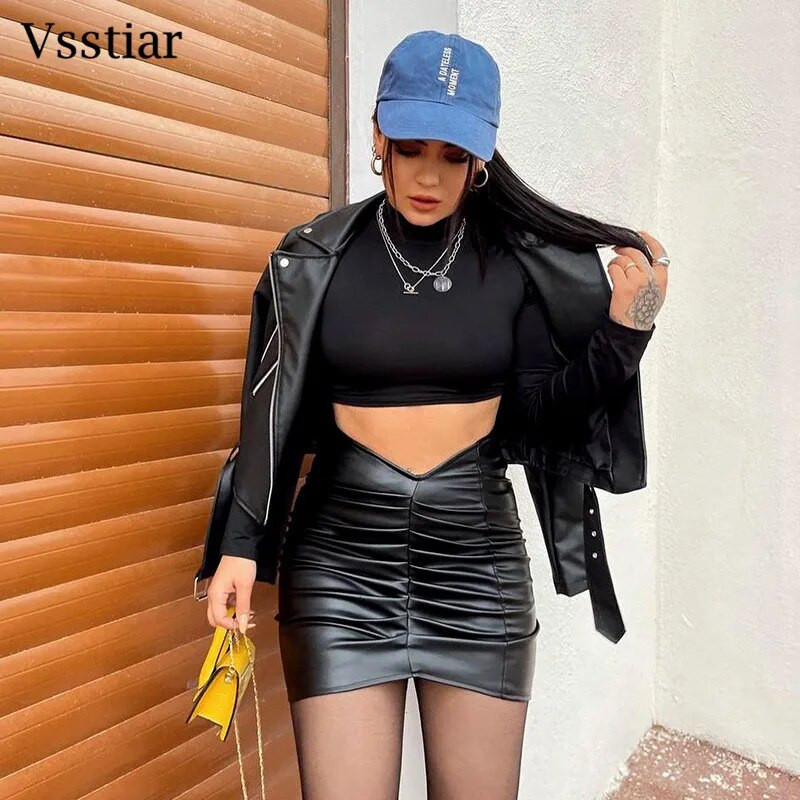 Vsstiar crna kožna PU suknja za žene, nova moda, ležerne mini suknje s naborima, elegantne ulične ženske donjice