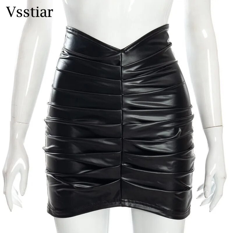 Vsstiar crna kožna PU suknja za žene, nova moda, ležerne mini suknje s naborima, elegantne ulične ženske donjice