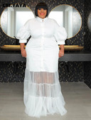 CM.YAYA didelio dydžio moteriški tinkliniai raukiniai kratinys su varčiomis užsegti marškiniai tiesūs maksi ilga suknelė 2023 m. rudens vintažinės suknelės