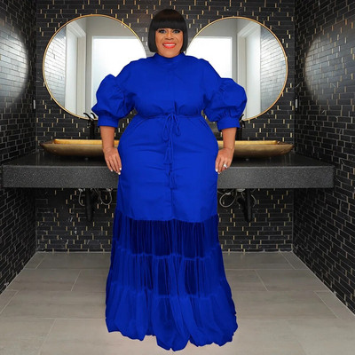 CM.YAYA didelio dydžio moteriški tinkliniai raukiniai kratinys su varčiomis užsegti marškiniai tiesūs maksi ilga suknelė 2023 m. rudens vintažinės suknelės