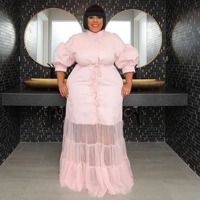 CM.YAYA didelio dydžio moteriški tinkliniai raukiniai kratinys su varčiomis užsegti marškiniai tiesūs maksi ilga suknelė 2023 m. rudens vintažinės suknelės