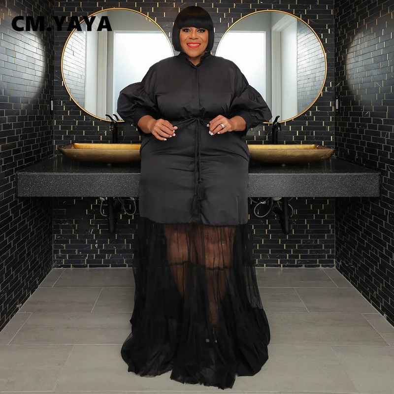 CM.YAYA didelio dydžio moteriški tinkliniai raukiniai kratinys su varčiomis užsegti marškiniai tiesūs maksi ilga suknelė 2023 m. rudens vintažinės suknelės