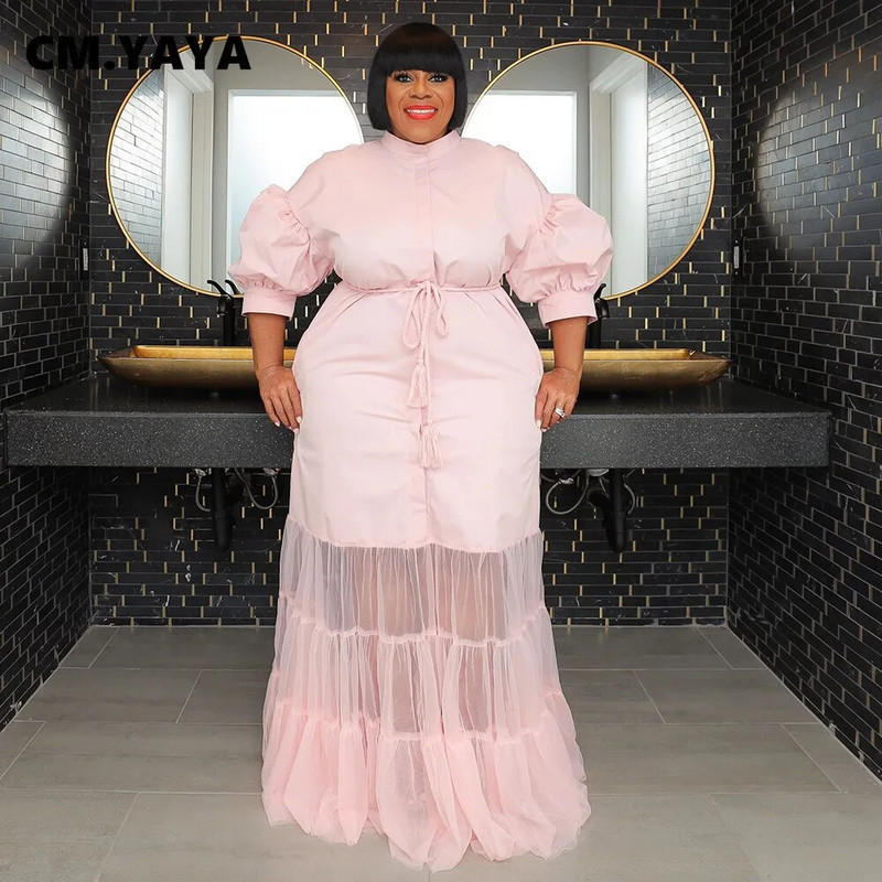 CM.YAYA didelio dydžio moteriški tinkliniai raukiniai kratinys su varčiomis užsegti marškiniai tiesūs maksi ilga suknelė 2023 m. rudens vintažinės suknelės