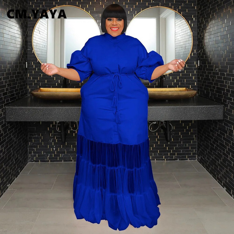 CM.YAYA didelio dydžio moteriški tinkliniai raukiniai kratinys su varčiomis užsegti marškiniai tiesūs maksi ilga suknelė 2023 m. rudens vintažinės suknelės