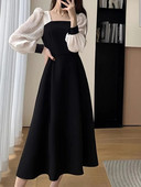 Női parti ruhák, hosszú ujjú francia stílusú vintage ruha karcsú midi puffos ujjú, szögletes gallér 2023 új őszi téli ruha