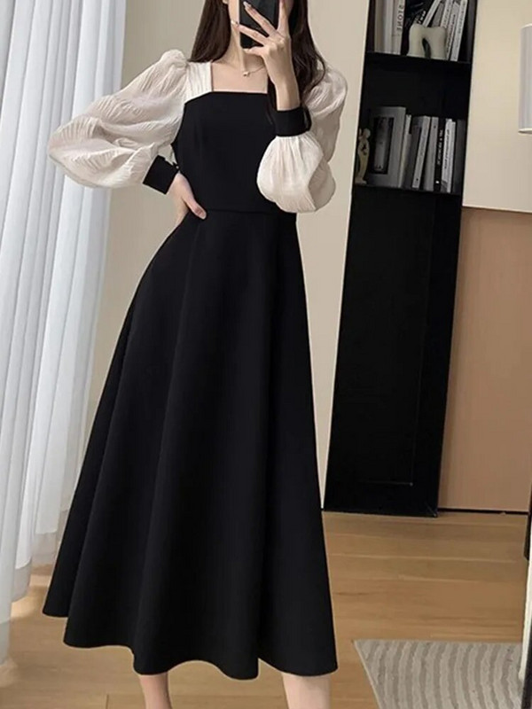 Női parti ruhák, hosszú ujjú francia stílusú vintage ruha karcsú midi puffos ujjú, szögletes gallér 2023 új őszi téli ruha