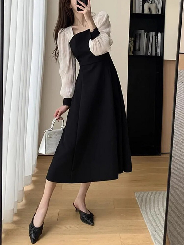 Női parti ruhák, hosszú ujjú francia stílusú vintage ruha karcsú midi puffos ujjú, szögletes gallér 2023 új őszi téli ruha