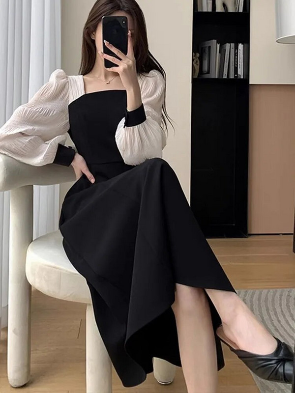 Női parti ruhák, hosszú ujjú francia stílusú vintage ruha karcsú midi puffos ujjú, szögletes gallér 2023 új őszi téli ruha