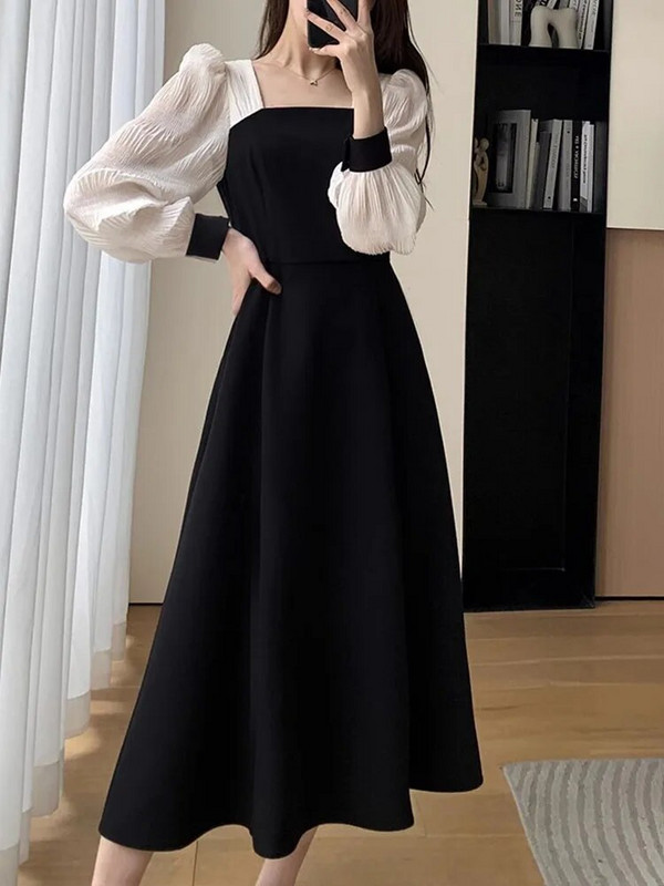 Női parti ruhák, hosszú ujjú francia stílusú vintage ruha karcsú midi puffos ujjú, szögletes gallér 2023 új őszi téli ruha