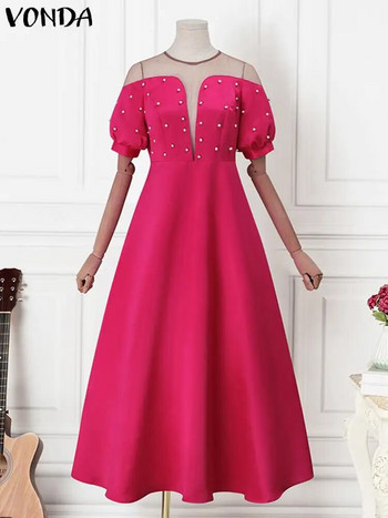 Големи размери VONDA Дамска елегантна парти рокля 2023 г. С къс ръкав Перлена пачуърк мрежеста макси сарафан с V-образно деколте Ежедневна плътна сватбена роба