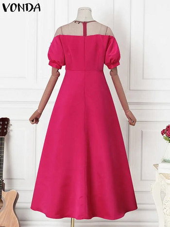Големи размери VONDA Дамска елегантна парти рокля 2023 г. С къс ръкав Перлена пачуърк мрежеста макси сарафан с V-образно деколте Ежедневна плътна сватбена роба