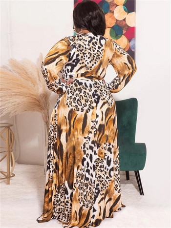 Wmstar Plus Size Φορέματα για Γυναικεία Ρούχα V λαιμόκοψη Μακρυμάνικο Leopard Print Κομψό Μακρύ Φόρεμα Maxi Χονδρική Dropshipping 2022