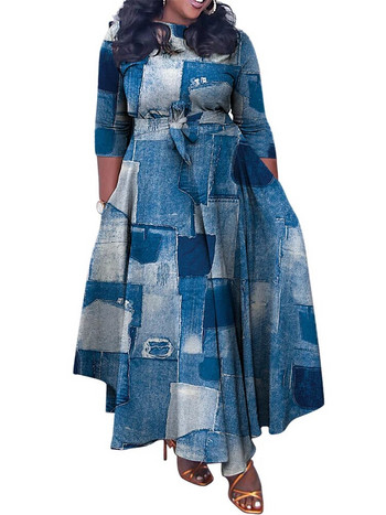 Wmstar Plus Size Γυναικεία Φόρεμα Έντυπα Μόδα Φορέματα Maxi Μακρυμάνικα Φθινοπωρινά ρούχα με μεγάλο στρίφωμα Χονδρική Dropshipping με επίδεσμο