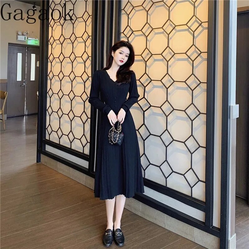 Gagaok ruhák őszi téli női 2023 új francia V nyakú tömör kötött ruha, hosszú vintage, egyedi A-vonalú alátét Vestidos