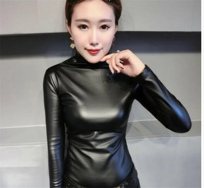 2019 Moda Toamnă Femei Piele PU Topuri Cămăși cu gât cu mâneci lungi Bluză casual subțire Plus mărimea 4XL Topuri pentru femei PZ1053