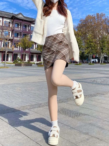 Пола Дамска пролетна Mini Jupe Y2k Vintage Kawaii Clothes Harajuku Fashion Style Mini Etek с висока талия A-Line Карирана пола в цвят каки