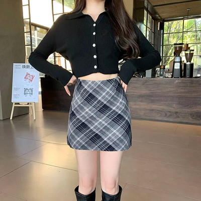 Γυναικεία ανοιξιάτικη φούστα Mini Jupe Y2k Vintage Kawaii Ρούχα Harajuku Fashion Style Mini Etek Ψηλόμεση A- Line Khaki καρό φούστα