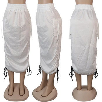 Ежедневна бандажна дълга пола с джобове Дамска долна макси пола с шнурове, бяла лятна лека секси пола Streetwear