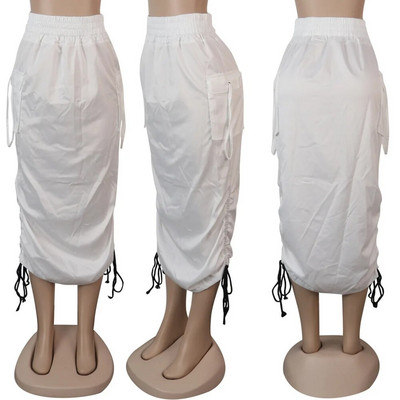 Ležerna bandage duga suknja s džepovima Ženska donja nit Maxi suknja s uzicom Bijela ljetna lagana seksi suknja Streetwear