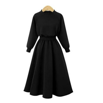 Памучни есенно-зимни рокли Туника Елегантна тънка модна черна рокля с дълъг ръкав и О-образно деколте с дължина до коляното Корейска училищна черна рокля 2023 Нова
