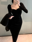 Elegantna crna baršunasta haljina za žene dugih rukava četvrtastog ovratnika nepravilnog struka za mršavljenje Jesen Zima Večernja zabava Prom Vestidos