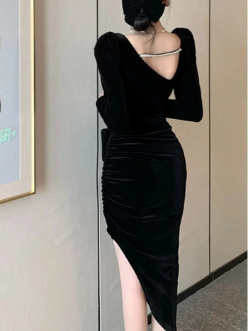 Κομψό μαύρο βελούδινο φόρεμα Γυναικείο μακρυμάνικο τετράγωνο γιακά ακανόνιστη μέση αδυνάτισμα Φθινοπωρινό Χειμερινό βραδινό πάρτι Prom Vestidos
