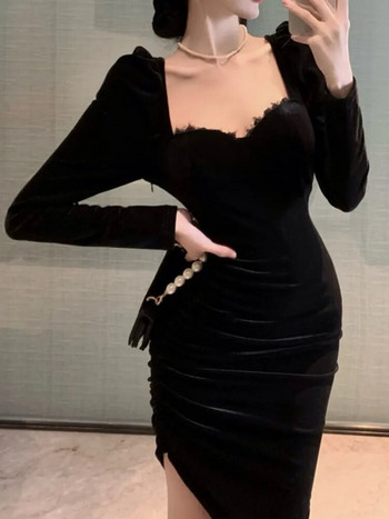 Елегантна черна кадифена рокля за жени с дълъг ръкав и квадратна яка с неравна талия, отслабваща есенно-зимно вечерно парти Vestidos