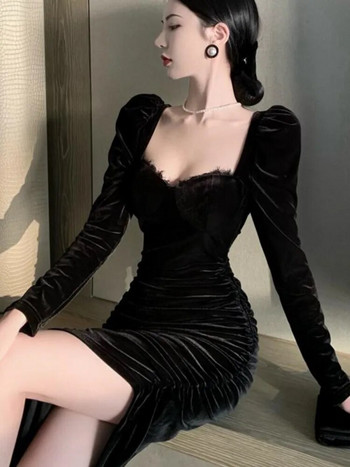Елегантна черна кадифена рокля за жени с дълъг ръкав и квадратна яка с неравна талия, отслабваща есенно-зимно вечерно парти Vestidos