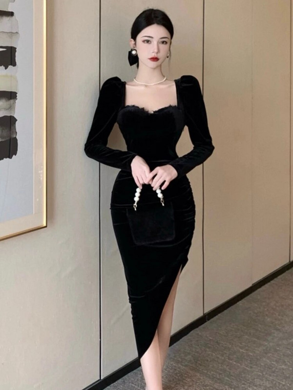 Elegantna crna baršunasta haljina za žene dugih rukava četvrtastog ovratnika nepravilnog struka za mršavljenje Jesen Zima Večernja zabava Prom Vestidos