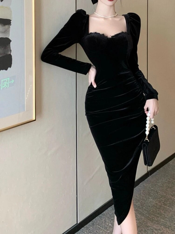 Elegantna crna baršunasta haljina za žene dugih rukava četvrtastog ovratnika nepravilnog struka za mršavljenje Jesen Zima Večernja zabava Prom Vestidos