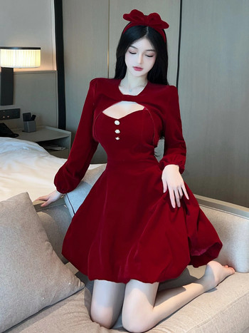 Φθινόπωρο/Χειμώνας 2023 Νέο γυναικείο ταμπεραμέντο Βελούδινο ρετρό χριστουγεννιάτικο ρούχο με τυλιγμένο στήθος Μόδα φόρεμα σε γραμμή Α 27TA