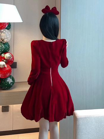 2023 Есен/Зима Нова дамска темпераментна кадифена ретро новогодишна коледна рокля с увити гърди A-line рокля Моден комплект 27TA