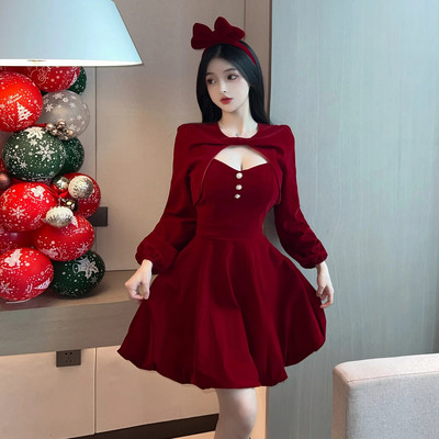2023 Toamnă/Iarnă Nou temperament femei catifea Retro Anul Nou Robă de Crăciun Piept înfășurat Rochie în formă de A Set de modă 27TA