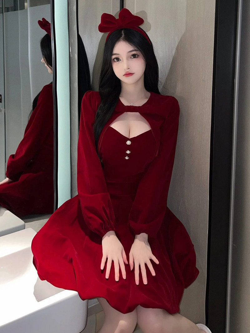 2023 Toamnă/Iarnă Nou temperament femei catifea Retro Anul Nou Robă de Crăciun Piept înfășurat Rochie în formă de A Set de modă 27TA