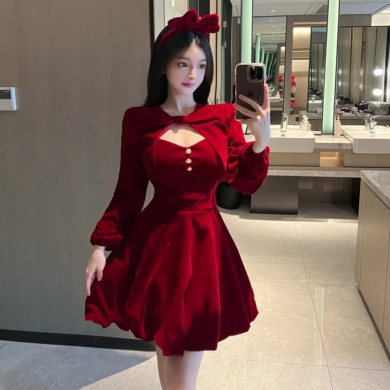 2023 Toamnă/Iarnă Nou temperament femei catifea Retro Anul Nou Robă de Crăciun Piept înfășurat Rochie în formă de A Set de modă 27TA