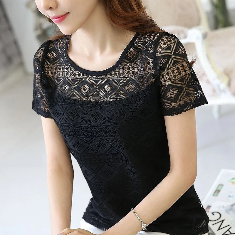 Ženska čipkana bluza Femme Tops Majica od šifona Ljeto 2019. Bijela majica kratkih rukava Blusa Feminina Hollow Ženska gornja majica Bluza velike veličine