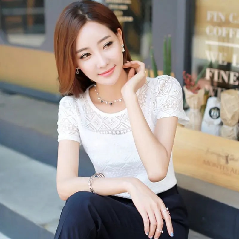Ženska čipkana bluza Femme Tops Majica od šifona Ljeto 2019. Bijela majica kratkih rukava Blusa Feminina Hollow Ženska gornja majica Bluza velike veličine