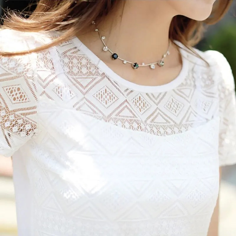 Ženska čipkana bluza Femme Tops Majica od šifona Ljeto 2019. Bijela majica kratkih rukava Blusa Feminina Hollow Ženska gornja majica Bluza velike veličine