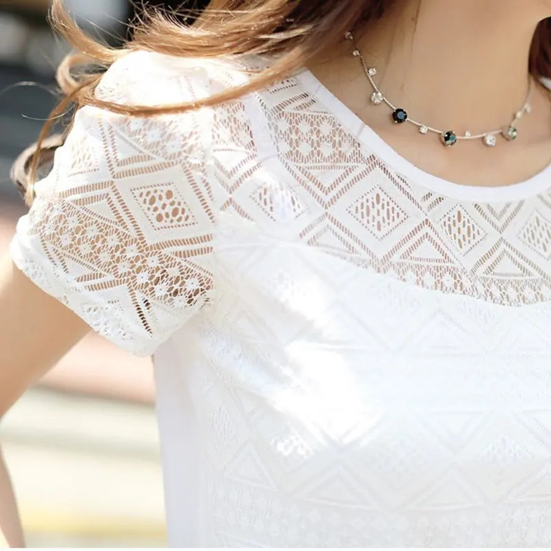 Ženska čipkana bluza Femme Tops Majica od šifona Ljeto 2019. Bijela majica kratkih rukava Blusa Feminina Hollow Ženska gornja majica Bluza velike veličine