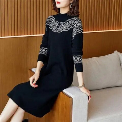 Nove jesensko-zimske poluvisoke kragne za 2023., elegantne haljine svijetlog svilenog kroja s printom i dugim rukavima, pletenina srednje duljine