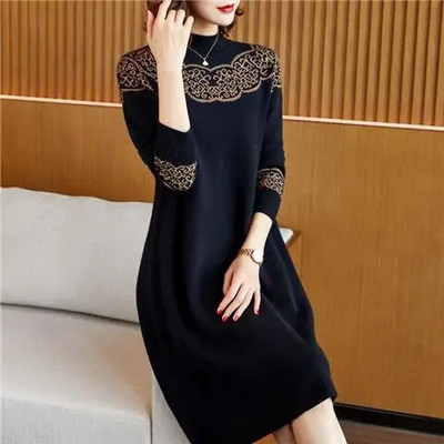 Nove jesensko-zimske poluvisoke kragne za 2023., elegantne haljine svijetlog svilenog kroja s printom i dugim rukavima, pletenina srednje duljine