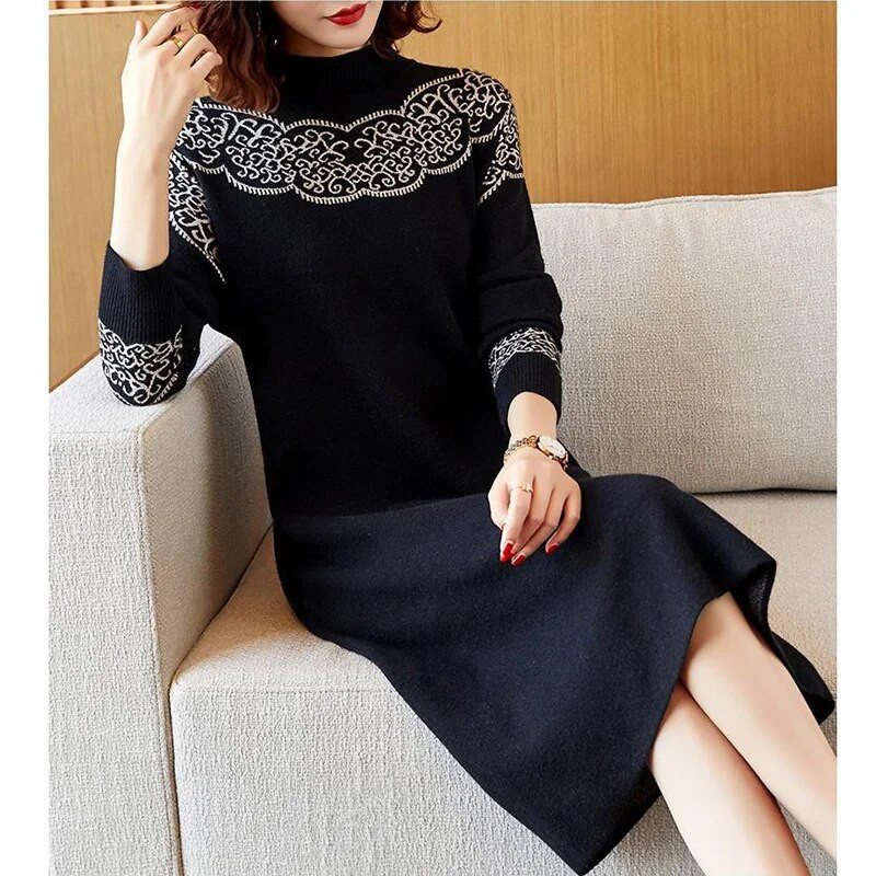 Nove jesensko-zimske poluvisoke kragne za 2023., elegantne haljine svijetlog svilenog kroja s printom i dugim rukavima, pletenina srednje duljine