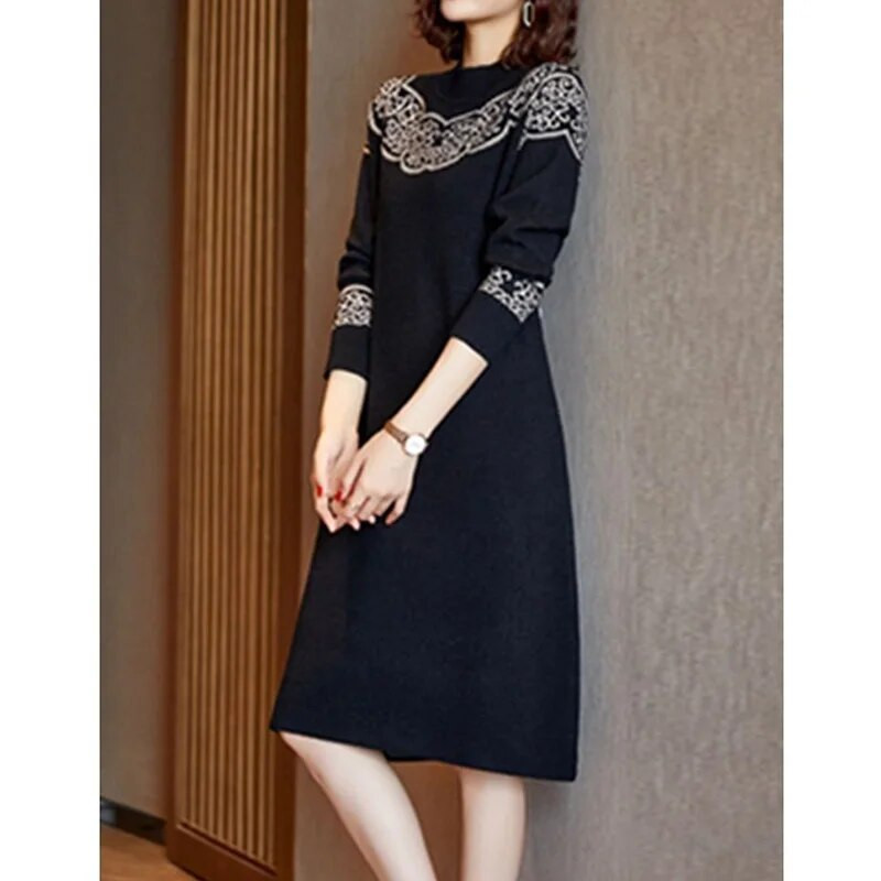 Nove jesensko-zimske poluvisoke kragne za 2023., elegantne haljine svijetlog svilenog kroja s printom i dugim rukavima, pletenina srednje duljine