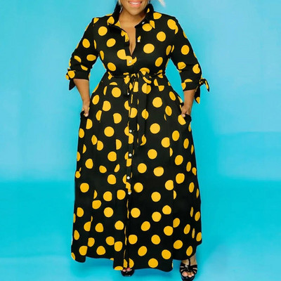 CM.YAYA Jesenné bodkované potlačené gombíky Plus Size XL-5XL Dámske blúzky Maxi šaty Vestidos Streetwear Dlhé šaty Vestidos