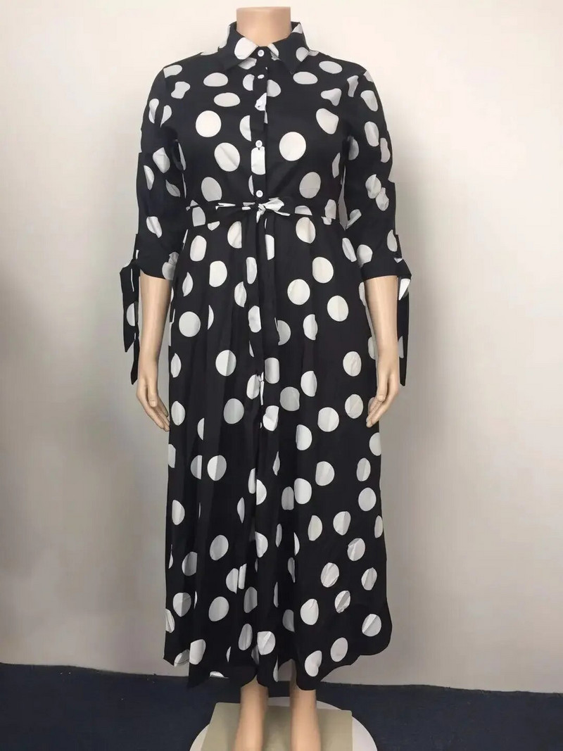 CM.YAYA Jesenné bodkované potlačené gombíky Plus Size XL-5XL Dámske blúzky Maxi šaty Vestidos Streetwear Dlhé šaty Vestidos