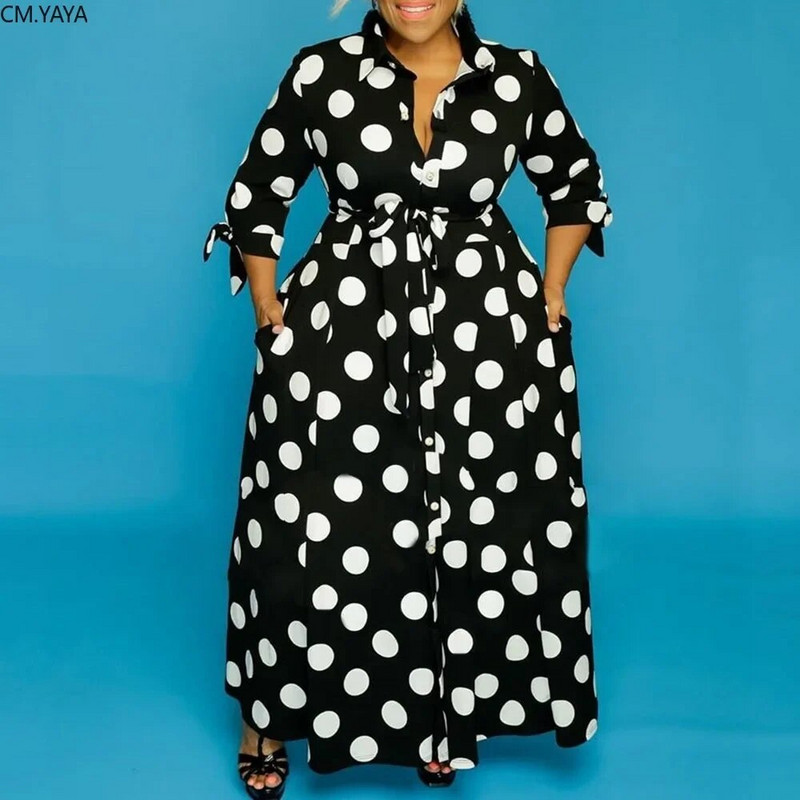 CM.YAYA Jesenné bodkované potlačené gombíky Plus Size XL-5XL Dámske blúzky Maxi šaty Vestidos Streetwear Dlhé šaty Vestidos